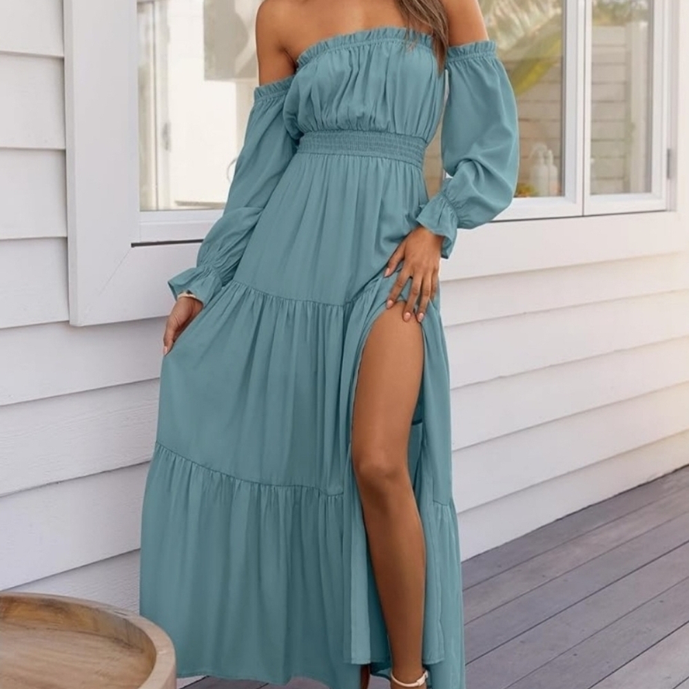 Elegant Off-Shoulder Teal Maxi Dress Size Small